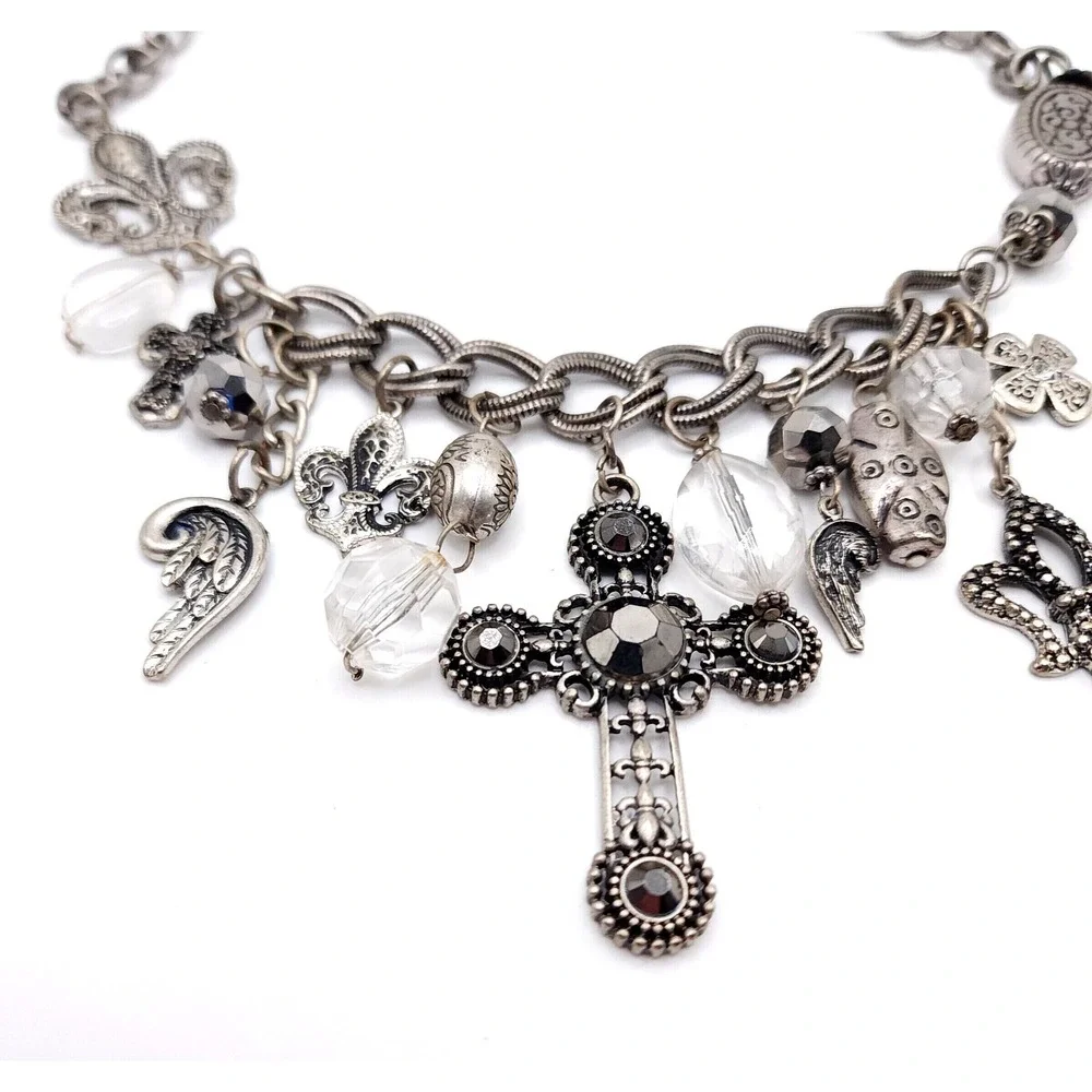 Silver Charm Necklace Cross Rhinestone Fleur De Lis Gothic - Picture 4 of 8